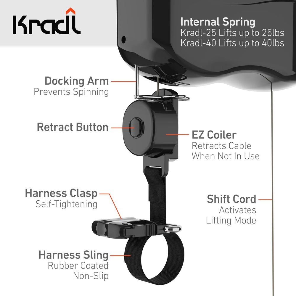 Kradl - Spring-Powered Ceiling Bike Hoist and Rack for Effortless Storage