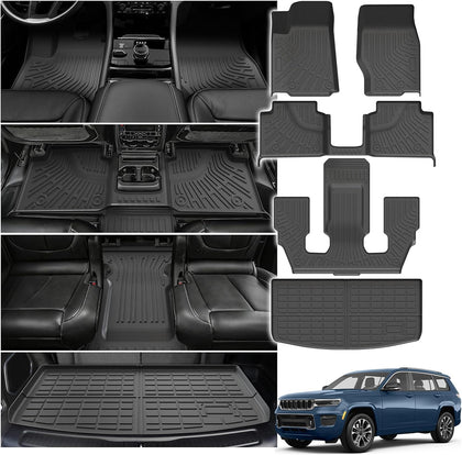 Powerty Floor Mats Cargo Liner for Jeep Grand Cherokee L 2021-2027(6-Seater w/o 2nd Row Center Armrest Only) All Weather 3D TPE Anti-Slip Car Protection, 1st & 2nd Row Set with Cargo Mat Accessories