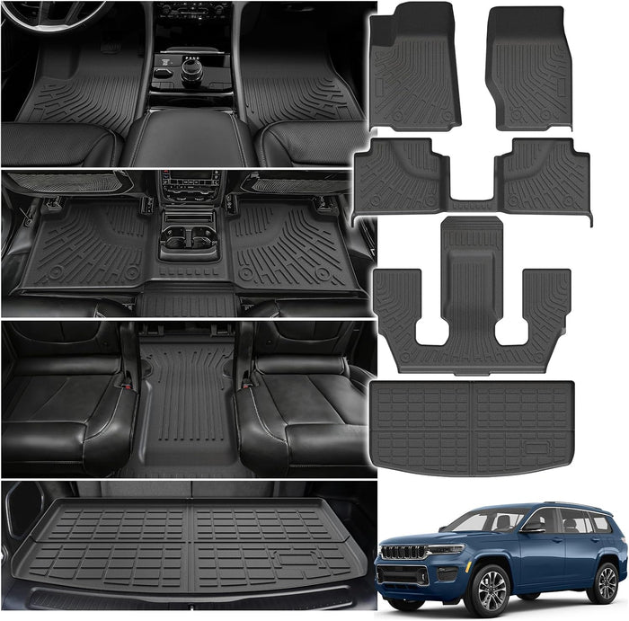Powerty Floor Mats Cargo Liner for Jeep Grand Cherokee L 2021-2027(6-Seater w/o 2nd Row Center Armrest Only) All Weather 3D TPE Anti-Slip Car Protection, 1st & 2nd Row Set with Cargo Mat Accessories