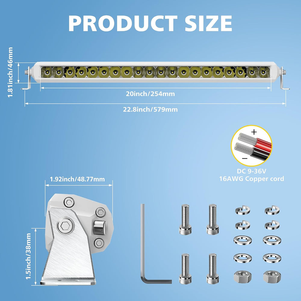 Boat Light Bar 22 Inch Slim Single Row White LED for Marine UTV