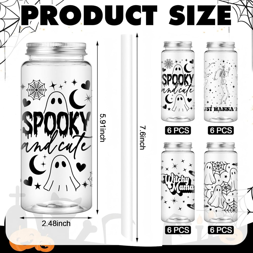 Meanplan 24 Pcs Halloween Ghost Plastic Cup with Lids and Straws Bulk 14 oz