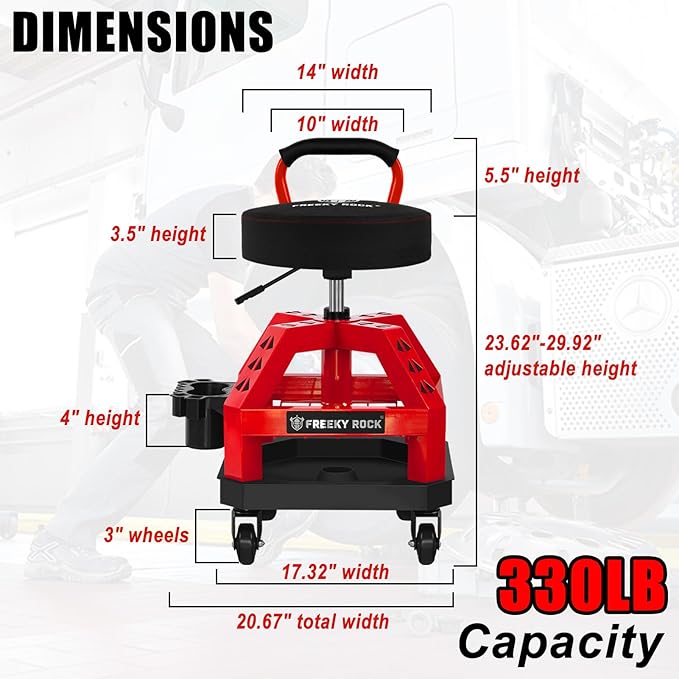 Rolling Shop Stool with Wheels, Heavy Duty Garage Work Mechanic Stool with