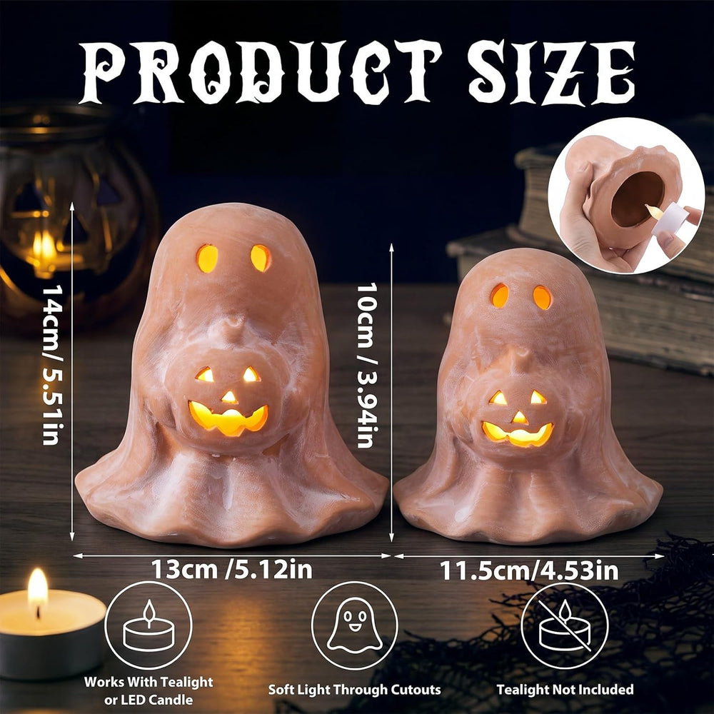 Tioncy 2 Pcs Halloween Terracotta Ghost Tealight Holder, Terracotta, Retro