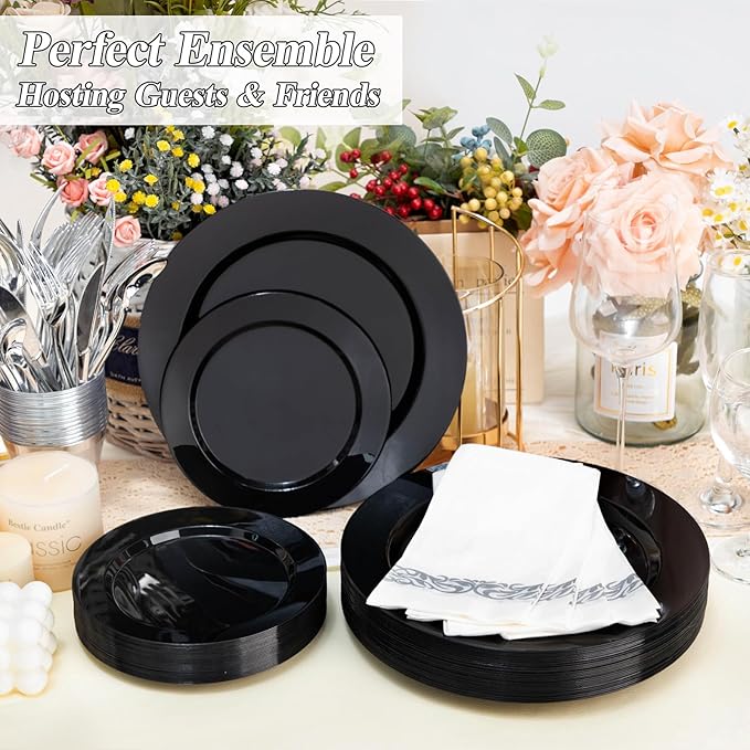 200PCS Black Plastic Plates Set, 100 10.25 inch Dinner Plates and 100 7.5 inc...