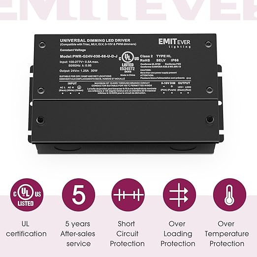 EMITEVER Dimmable Led Driver, 2 Packs 30W AC 110V-277V to DC 24V Transformer