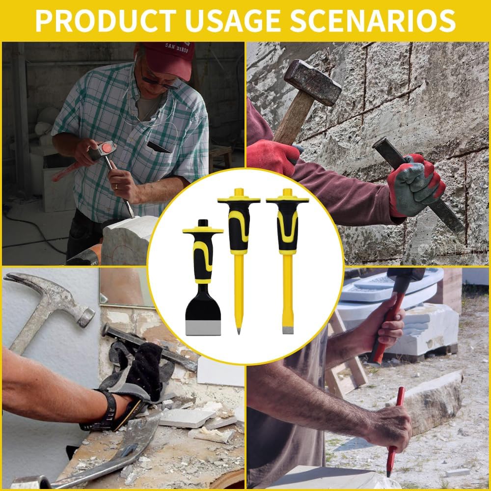 3-Piece Heavy-Duty Chisel Set with Hand Protection, Concrete and Mortar Stone...