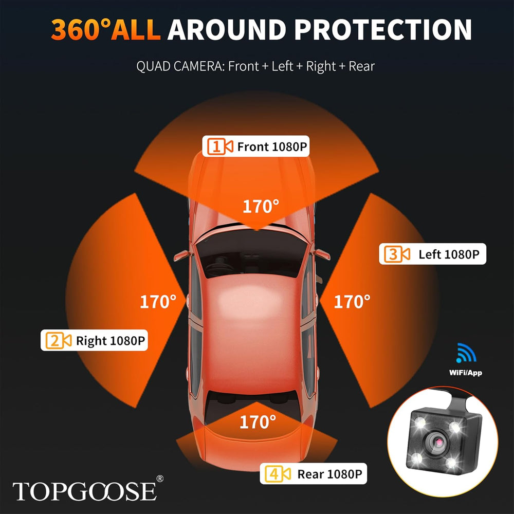 4 Channel Dash Cam 360° View,TOPGOOSE 2K Front and Rear Inside, Left Right Da...