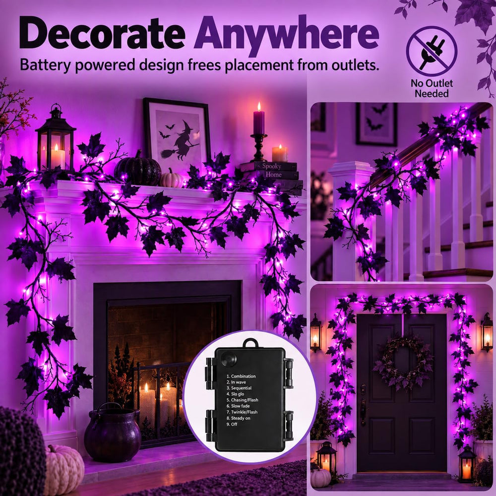 Halloween Garland with Purple Lights, 9 FT Black Maple Leaves, 72 LEDs