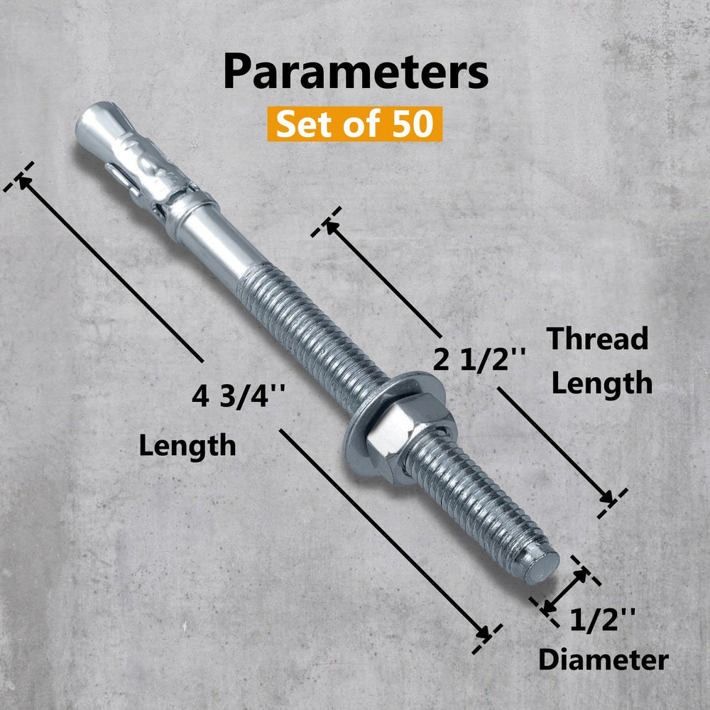 Party Animals 1/2 x 4-3/4 Inch Wedge Anchor, 50 PCs Zinc-Plated Industrial An...