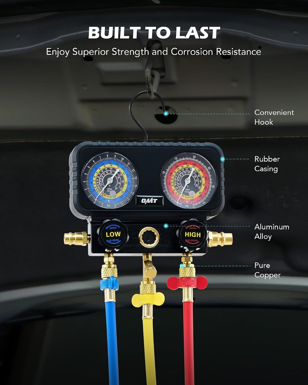 OMT AC Manifold Gauge Set with 5ft Hoses for R1234yf R404a R134a, 3 Way