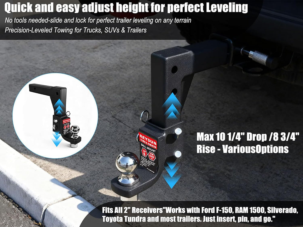 Adjustable Trailer Hitch Ball Mount with 2-inch Hitch Ball, 5/8-inch Hitch Lo...