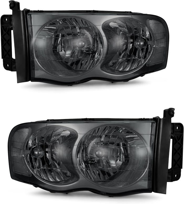 Headlight Assembly for 2002-2005 Dodge Ram 1500 | 2003-2005 Ram 2500/3500 Smoke Housing Clear Reflector Clear Lens Headlamp Replacement Driver and Passenger Side