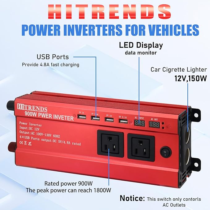 HITRENDS 900W Car Power Inverter 12V to 110V, DC to AC Converter