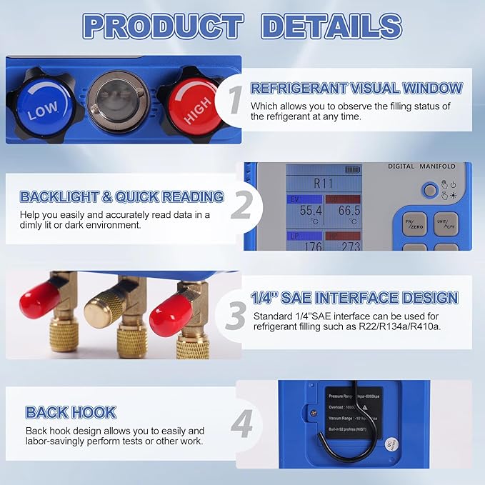 Digital Manifold Gauge Set, HVAC Pressure and Air Tightness Test Gauges