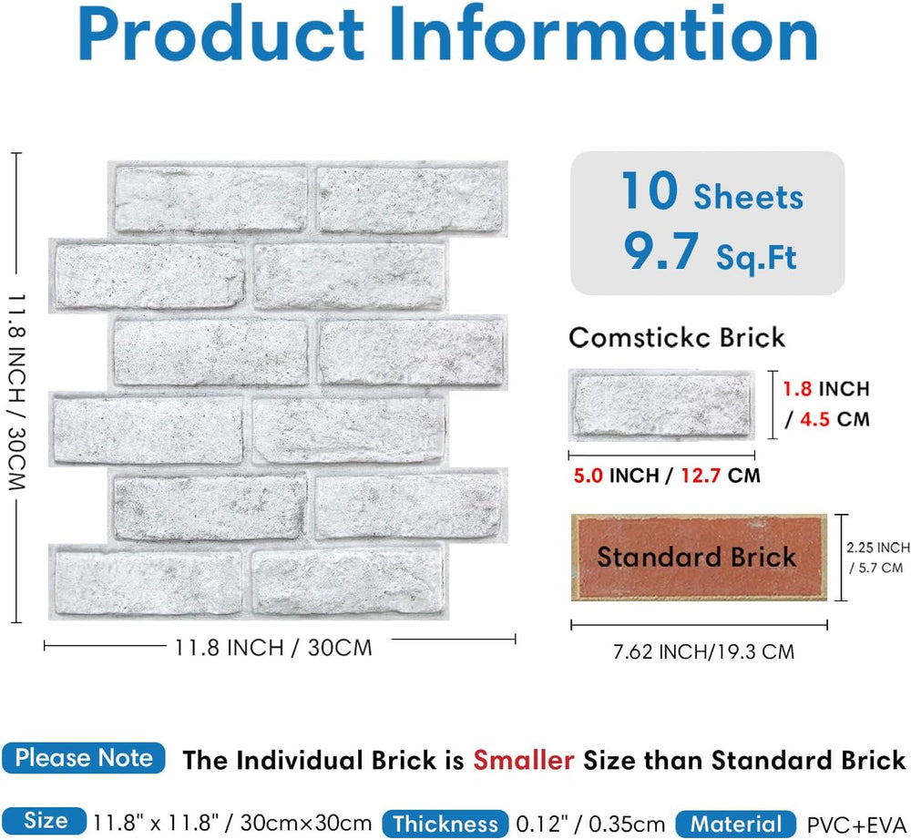 COMSTICKC 3D Faux White Brick Wall Panels Peel and Stick Wall Stickers