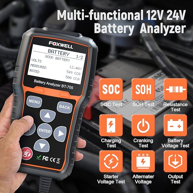 FOXWELL BT705 Car Battery Tester 12V 24V, Automotive 100-2000CCA Battery Load