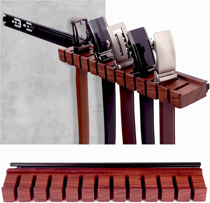 12 Belts Walnut Wood Belt Holder with Slide