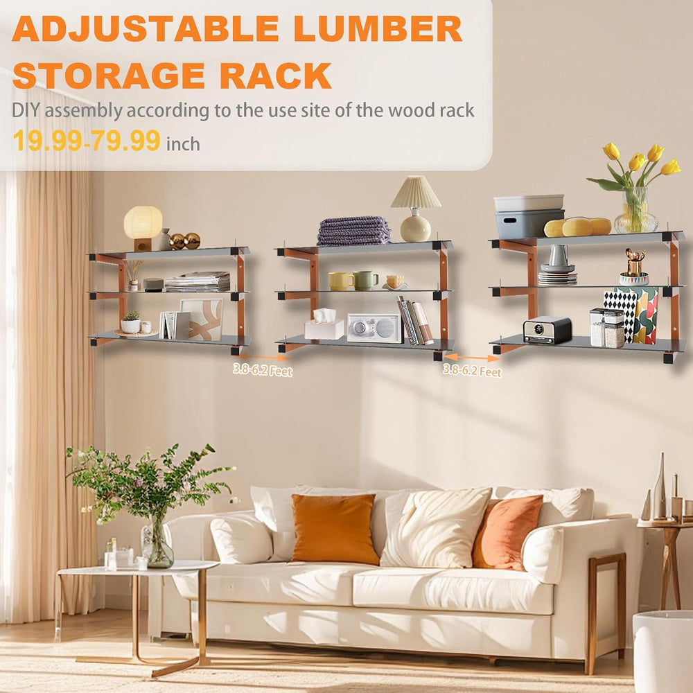6 Pack Wall-Mounted Lumber Rack, Heavy Duty Wood Storage Racks, 9-Level Syste...