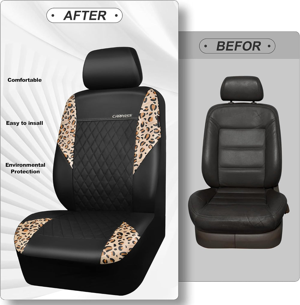 CAR PASS Leopard Print Faux Leather Car Seat Covers & Leopard Car Mats&am...