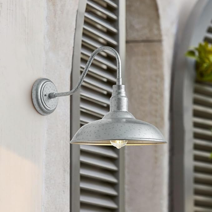 10'' Dome Outdoor Gooseneck Barn Light, Galvanized Steel Exterior Wal...