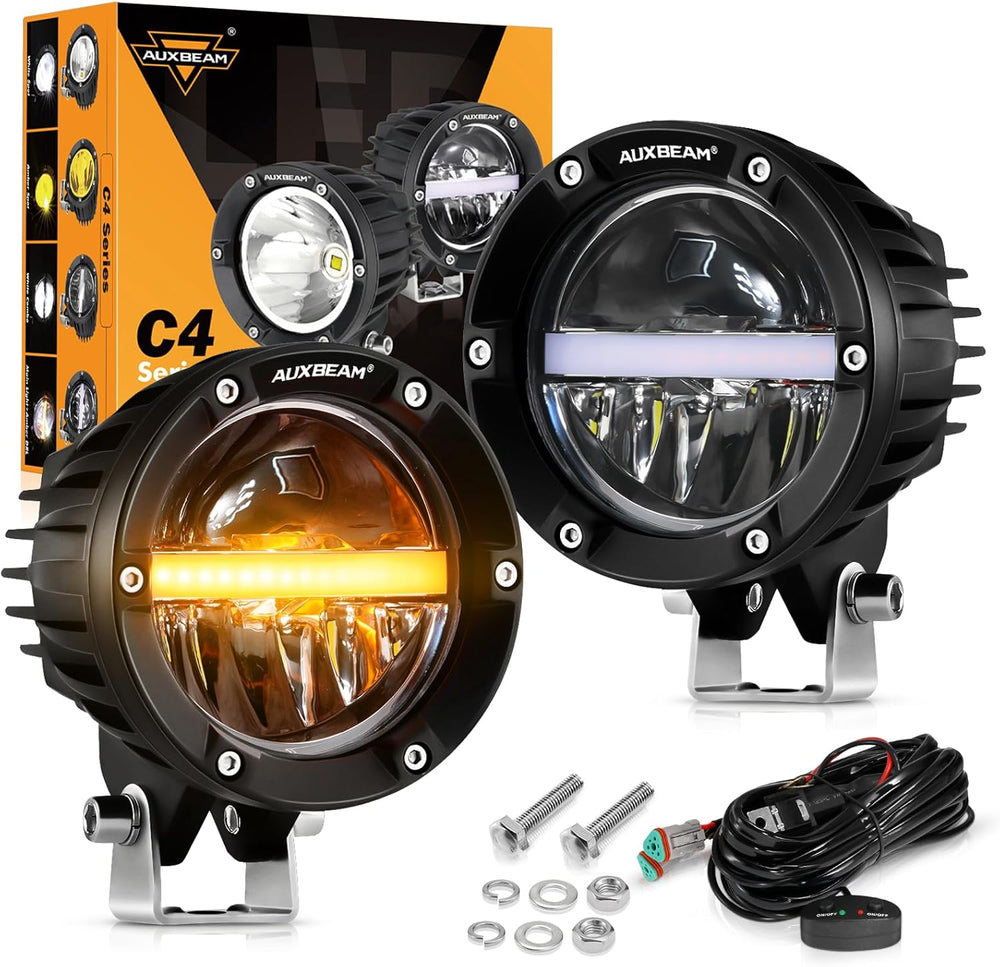 Auxbeam C4 Series 4 Inch 110W Round Light Offroad Pods with Amber DRL, Pair