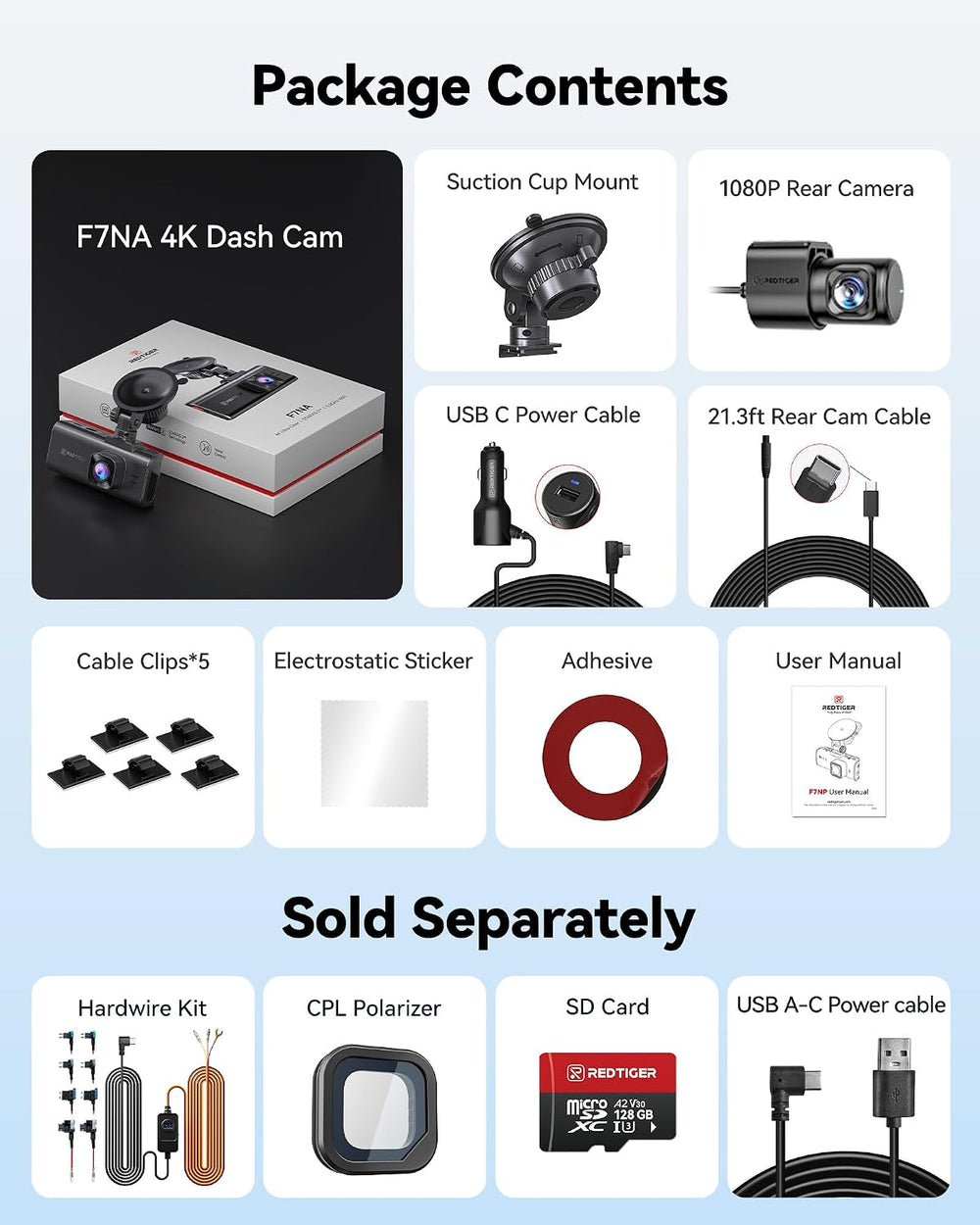 REDTIGER F7NA 4K 8MP Dashcam Front Rear, STARVIS 2 IMX678, 5GHz WiFi 20MB/s