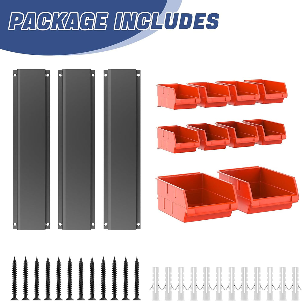 WALMANN Wall Mount Storage Bins for Small Parts, 10 Bins with 3 Metal Rails