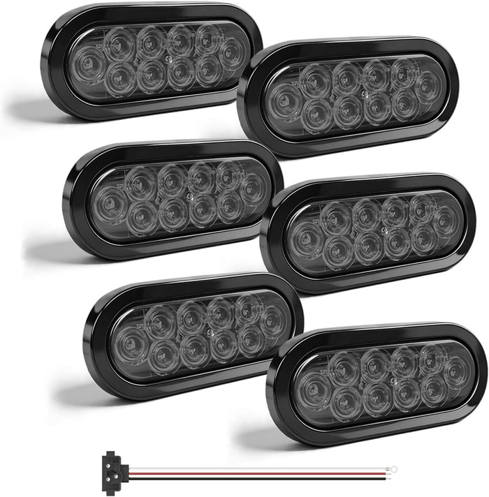6" Oval Smoked Lens LED Trailer Tail Light Kit,4 Red+2 White,Stop/Brake/Turn Signal, High Brightness,Grommet-Mount Kit,Waterproof & Anti-Loose,12V DC for Trucks/RVs/Trailers/Pickups, 6PCS