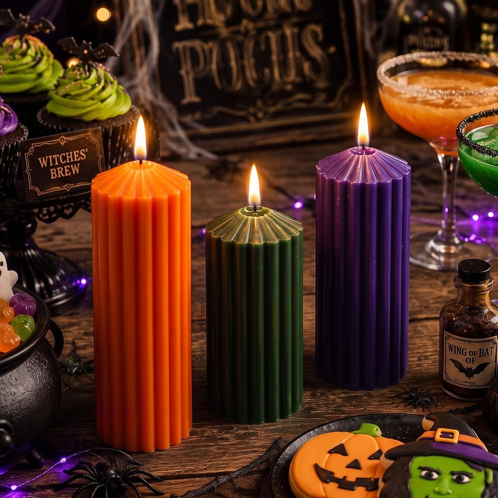 Mtlee 3 Pack Halloween Ribbed Pillar Candles Green Purple Orange Candles