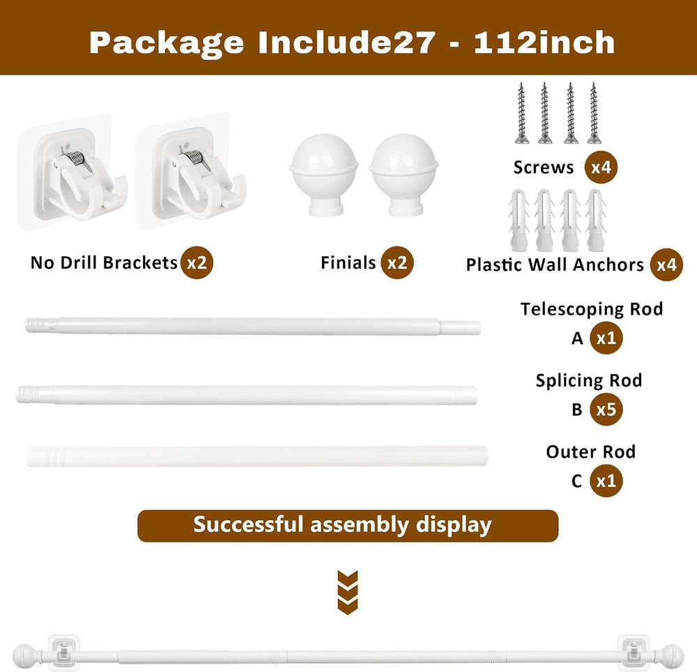2 Pack Adhesive Curtain Rod No Drilling for Renter 27 to 112" Adjustable
