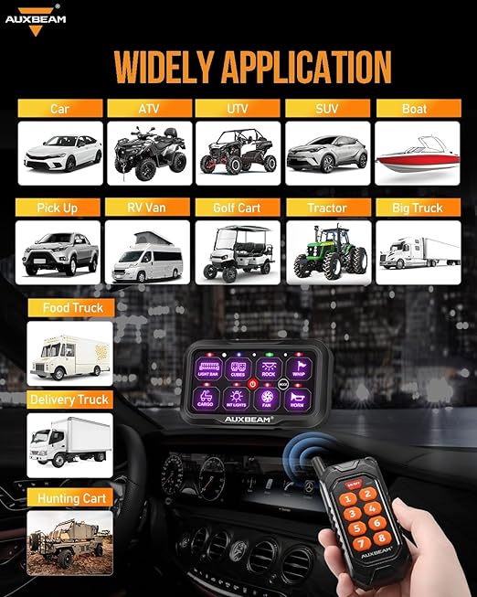 Auxbeam 8 Gang Switch Panel RC-800 RGB Wireless Remote Control Range Up to