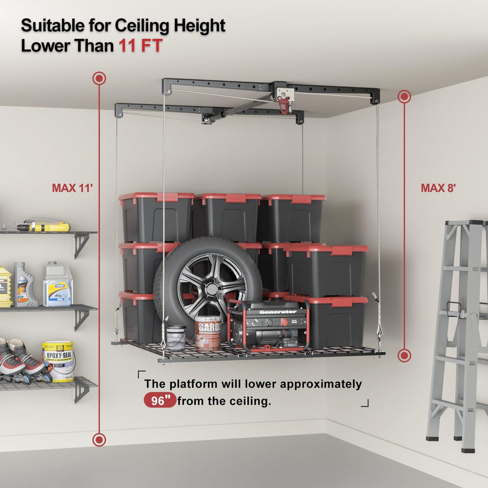 Overhead Garage Storage Lift, 4x4 Ft Ceiling Storage, Heavy-duty Ceiling Moun...