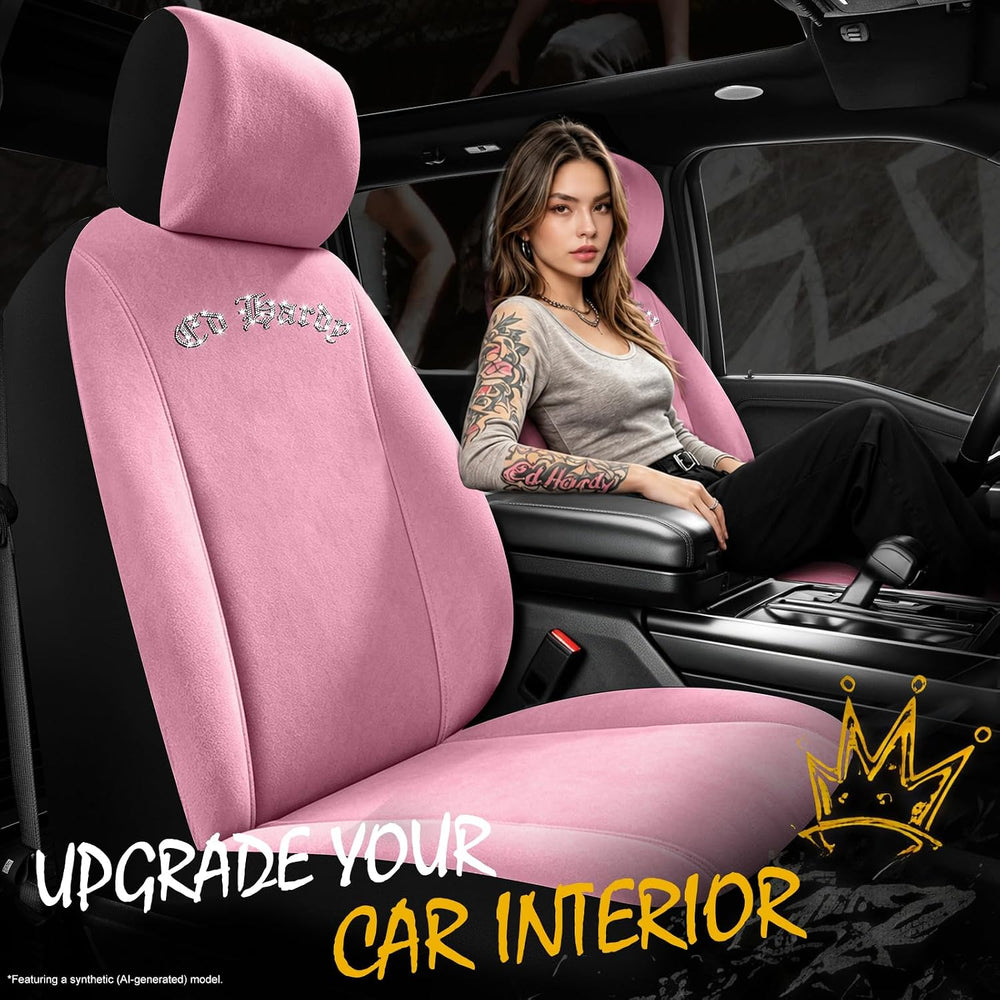 ED HARDY Car Seat Covers, Pink Soft Short Plush & Silver Diamond Graphic