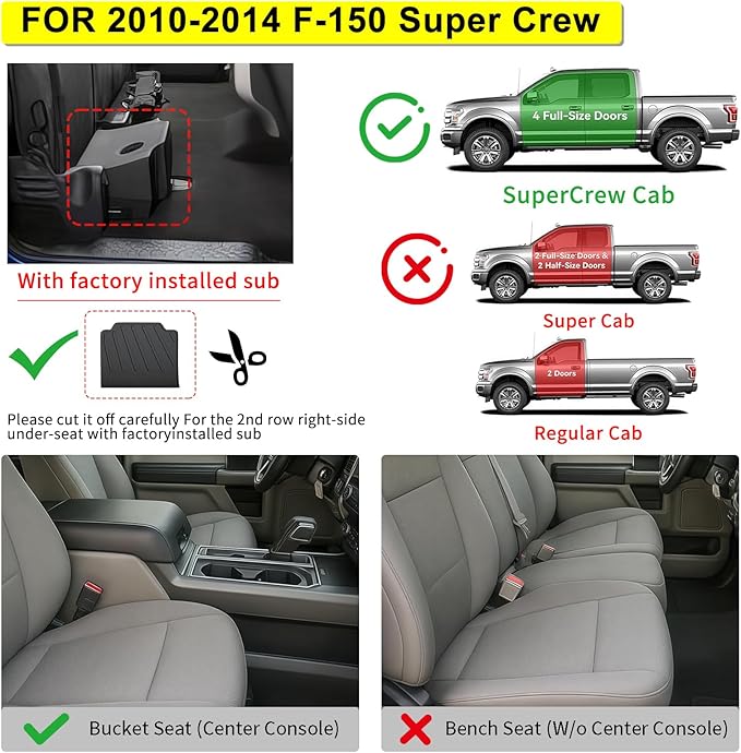 Floor Mats for Ford F-150 SuperCrew Cab 2010-2014, All-Weather Custom Fit (3-...