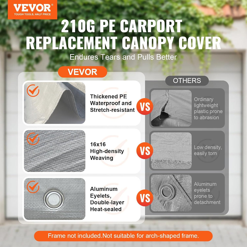 VEVOR Carport Replacement Canopy 10x20 ft, PE Waterproof UV-Proof