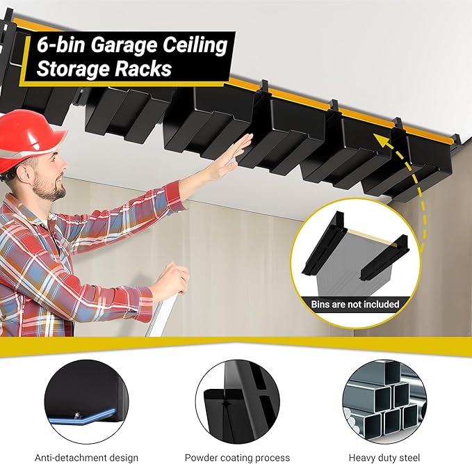 6-bin Overhead Garage Storage Rack, Ceiling Storage Racks Heavy Duty, Powder