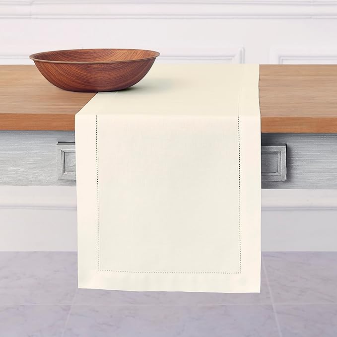 Solino Home Ivory Table Runner 60 Inches - Cotton Linen Hemstitch Coffee Tabl...