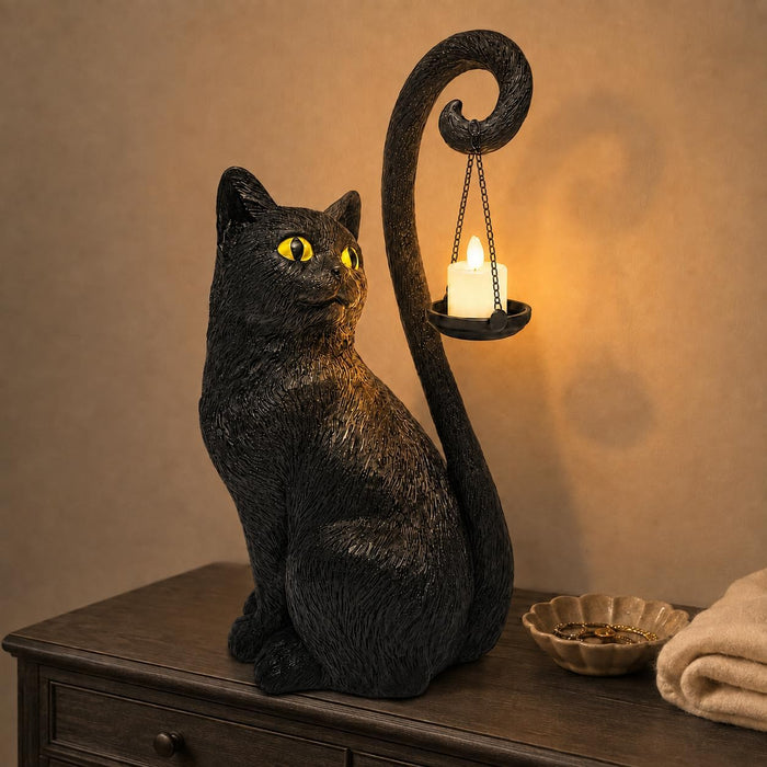 Black Cat Candle Holder Statue Halloween Decor Gothic Cat Lamp Decoration