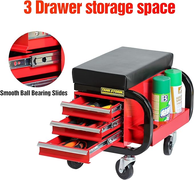 Tool Box Built-in Creeper Seat, Garage Shop Roller Seat, 3 Drawers Heavy Duty