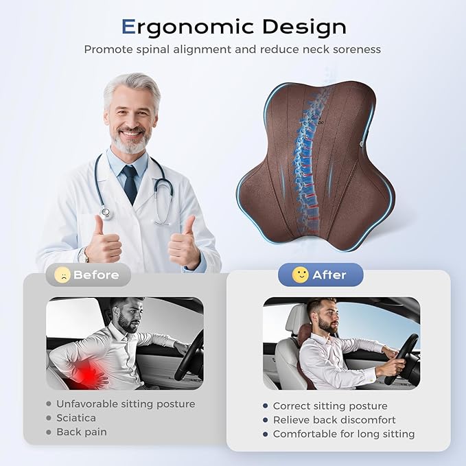 Coverado Car Lumbar Support Pillow and Car Neck Pillow Kit, Ergonomic Design