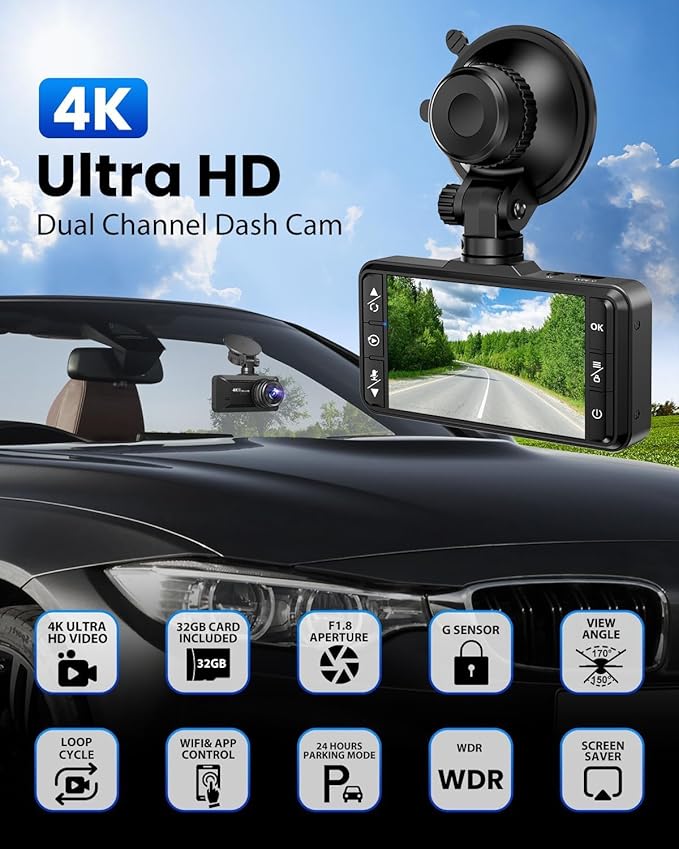 Dash Cam Front and Rear 4K/1080P, Dash Camera