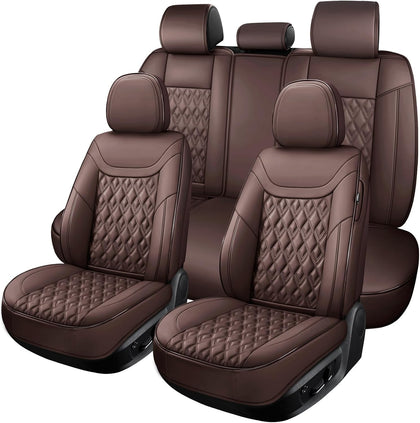 Car Seat Covers Full Set,Faux Leather Seat Covers for Cars, Car Seat Protector Waterproof, Non-Slip,Bright and Shiny seat Covers Make Your Vehicle Look, 5Seaters,Full Set,Brown