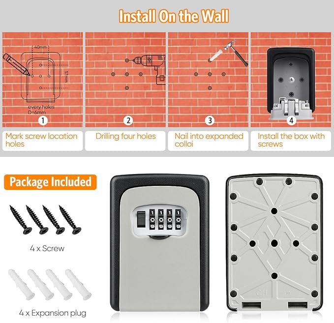 Key Lock Box Wall Mounted, Fayleeko 4 Digit Combination Lockbox (4Pack)