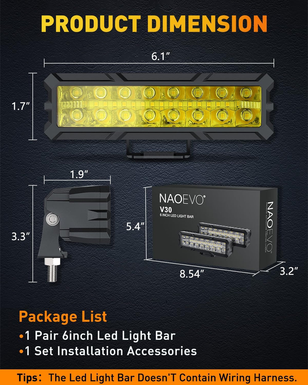 NAOEVO 6 Inch Yellow LED Light Bar, 50W 4000LM LED Fog Lights, Yellow