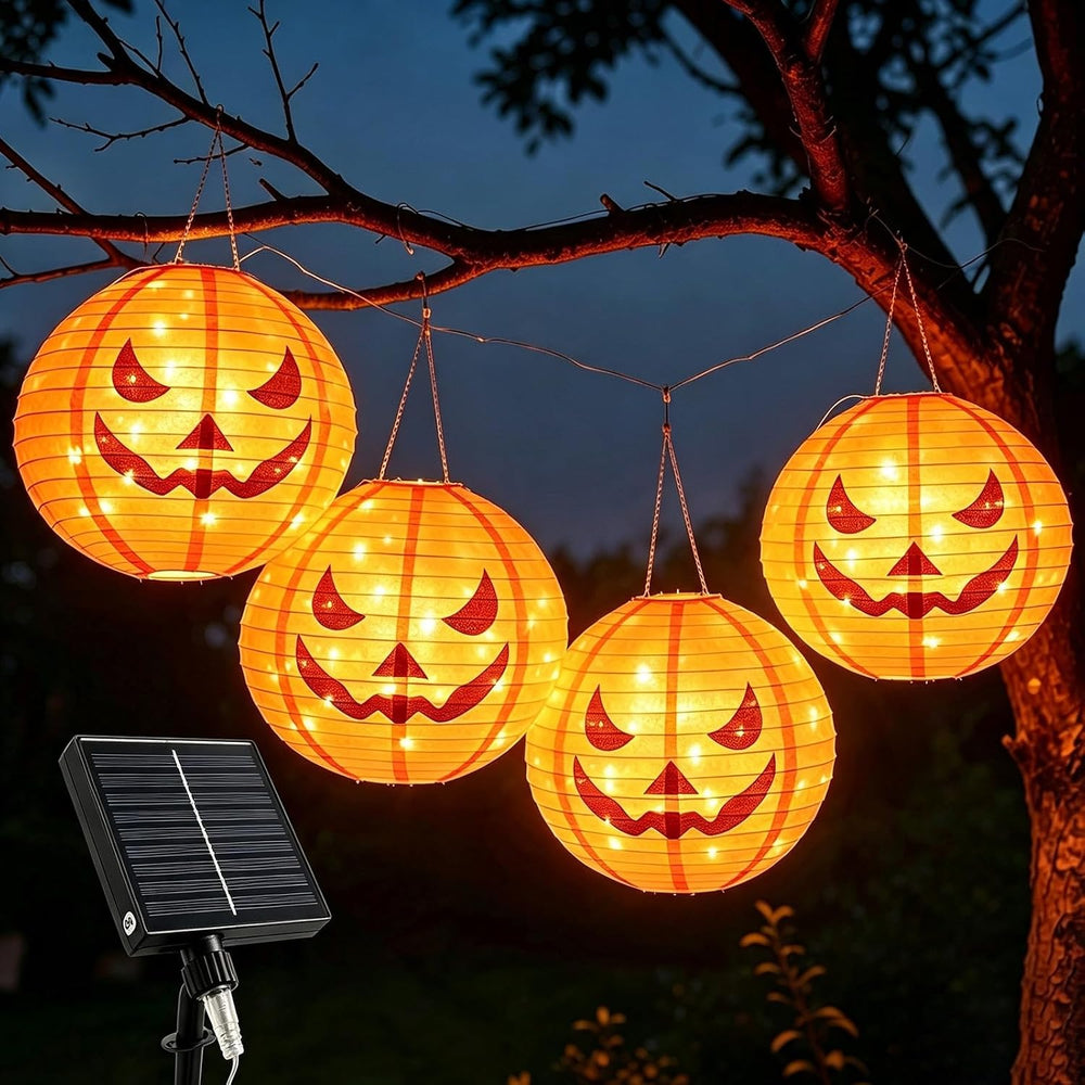 HUGSVIK 4Pcs Solar Pumpkin Lantern Outdoor Hanging Halloween Decorations