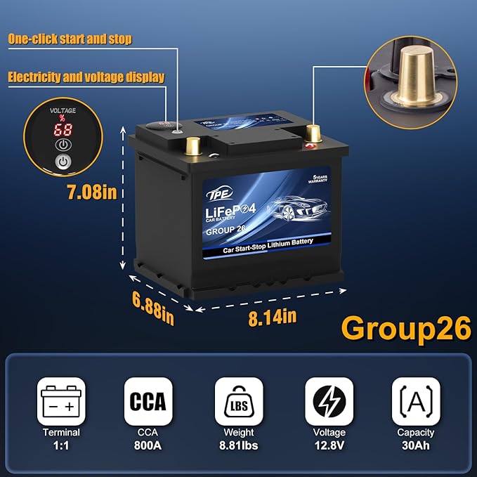 TPE Car Start Stop System BCI Group26 LiFePO4 Lithium-ion Battery 12.8V 800A
