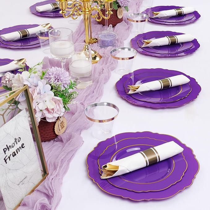 Liacere 350PCS Purple Plastic Plates-Disposable Purple and Gold Plates 50 gue...
