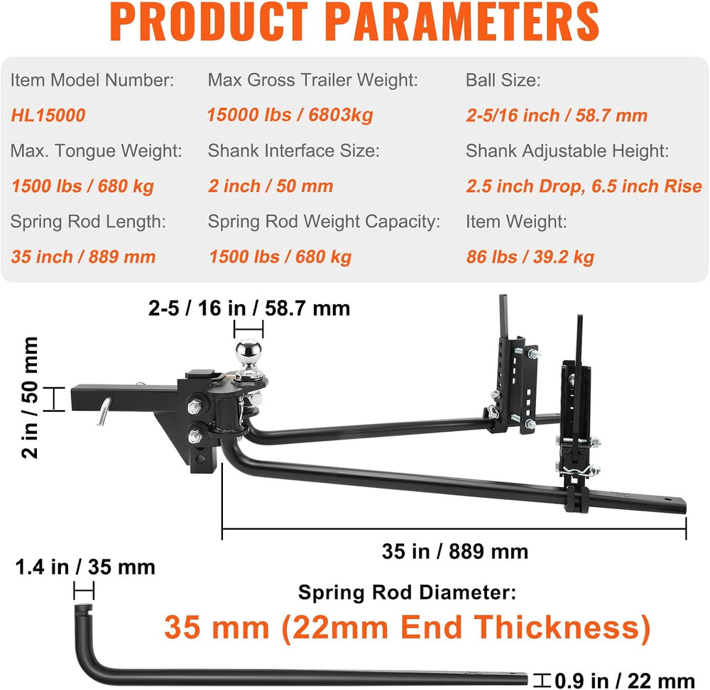 VEVOR Sway Control Weight Distribution Hitch, 1,500 lbs Capacity, Trailer Hit...