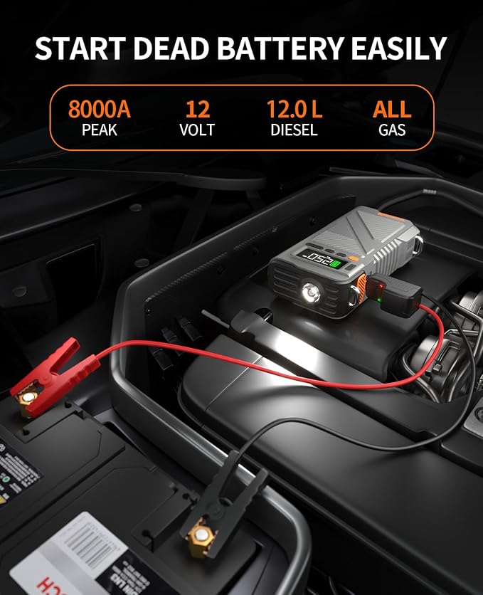 Portable Car Jump Starter with Air Compressor, 8000A Jump Box Combo 150PSI Tire