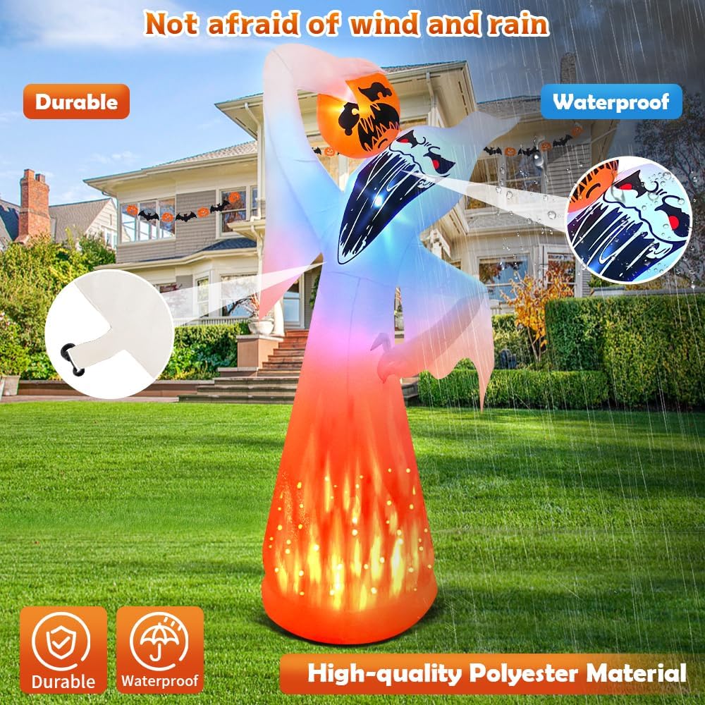 10 FT Halloween Inflatables Ghost with Pumpkin Decoration, Built in Flame Rot...
